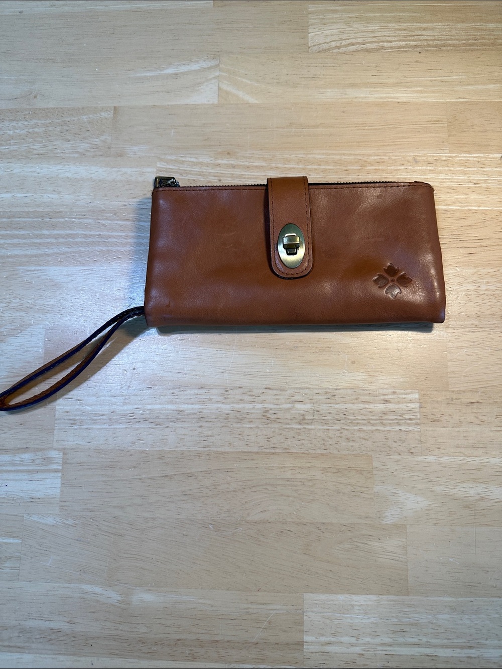 Patricia Nash Cognac Brown Leather Wristlet Wallet with Brass Accent